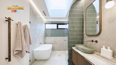 EMBARGO 3/8/2025 8:40PM The Block 2025 Emma and Ben's Guest Bathroom Room Reveal Week 1 