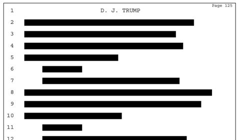 The now-released deposition of Donald Trump consists of 28 pages of blacked out text.