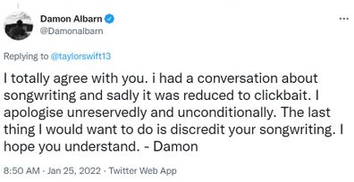 Damon Albarn apologises to Taylor Swift.