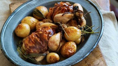Roast spatchcocks with potatoes