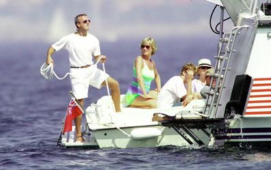 Diana, Princess of Wales and Prince William are seen holidaying with Dodi Al Fayed (not pictured) in St Tropez  in the summer of 1997, shortly before Diana and Dodi were killed in a car crash in Paris on August 31, 1997. (Photo by Michel Dufour/WireImage)