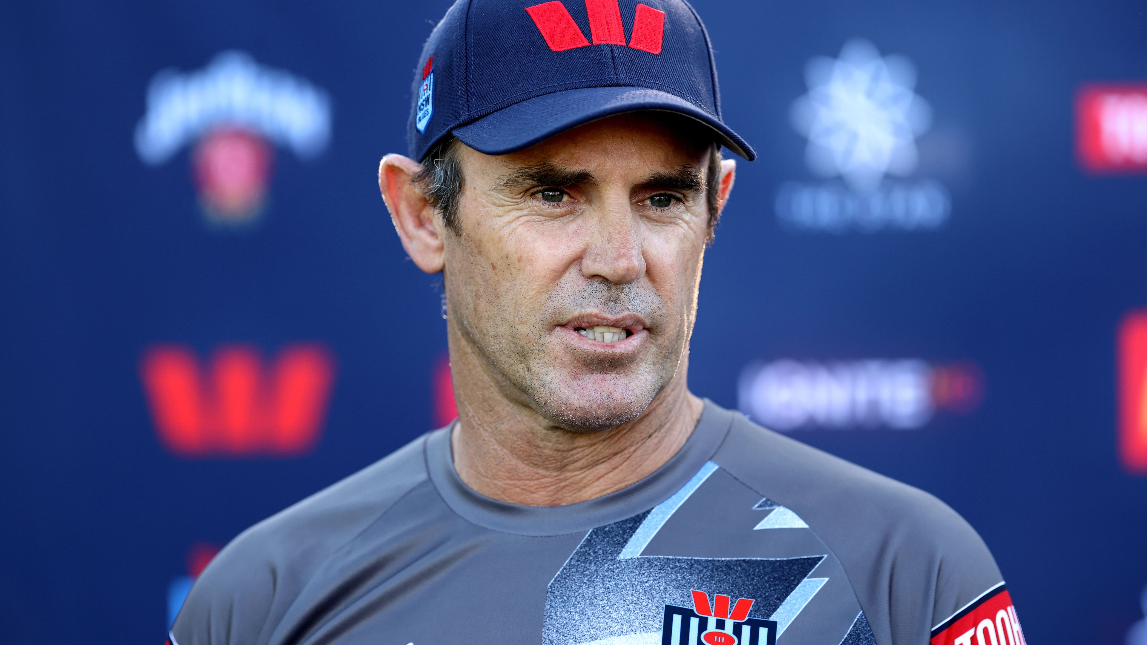 SYDNEY, AUSTRALIA - JULY 11: Blues coach, Brad Fittler speaks to the media during the New South Wales Blues State of Origin captain&#x27;s run at NSWRL Centre of Excellence on July 11, 2023 in Sydney, Australia. (Photo by Brendon Thorne/Getty Images)