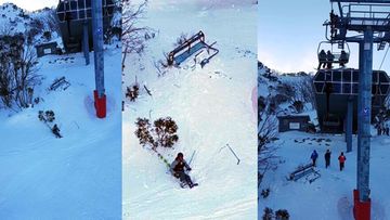 A Threbdo skier sits dazed in the snow after the chairlift they were riding was blown off its cable and plunged 5-metres to the ground.