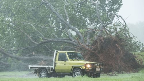 Tropical Cyclone Marcus intensified to a Category 2 storm today and has been bearing down on Darwin with torrential rains and wind gusts of up to 130km/h. Picture: AAP.