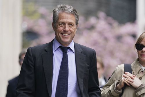 Hugh Grant arrives at the Rolls Buildings in central London for the conclusion of News Group Newspapers (NGN) phone hacking hearing Thursday April 27, 2023.