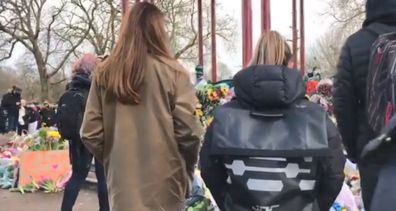 Kate Middleton pauses at the flower memorial for Sarah Everard.