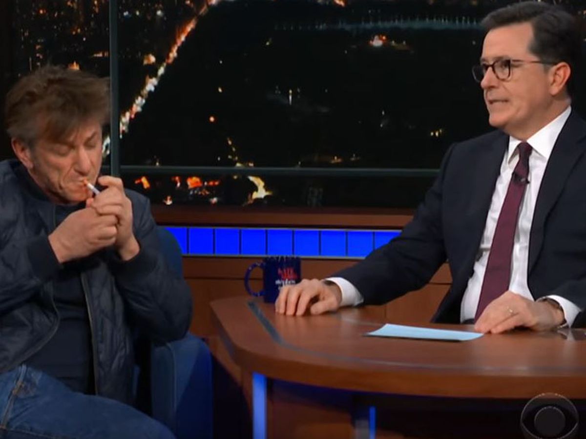 Sean Penn smokes cigarettes during Stephen Colbert show interview