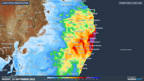The ECMWF-HRES model forecasts cumulative rainfall for the 48 hours ending at 10:00 AM AEST on Friday, September 23rd.