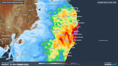 Prévisions de pluie accumulée au cours des 48 heures se terminant à 10h00 AEST le vendredi 23 septembre, selon le modèle ECMWF-HRES.