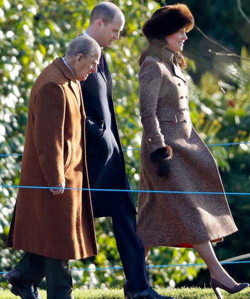Prince Philip, with the Duke and Duchess of Cambridge, attends a Sunday service at St Mary Magdalene Church, Sandringham in January. (Getty)