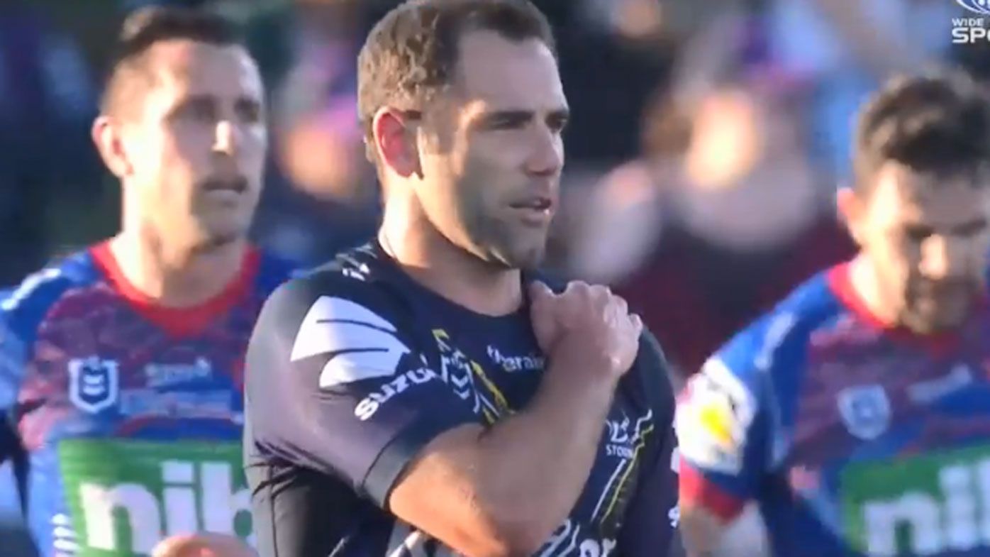 Storm skipper Cameron Smith suffers shoulder injury scoring memorable try against Newcastle
