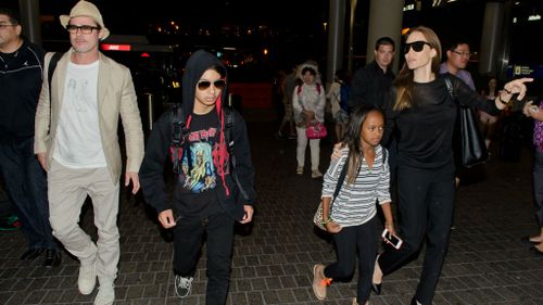 Brangelina with children Maddox Jolie-Pitt, Zahara Jolie-Pitt at LAX. (Getty Images)