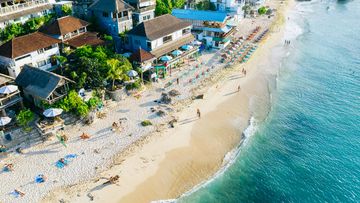 Warungs, cafes and bars on the Bingin Beach, view from above. Bali
