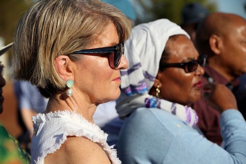 She listens to a presentation by Minister for Indigenous Affairs Nigel Scullion,and NT Minister for Primary Industry and Resources, Ken Vowles. Picture: AAP