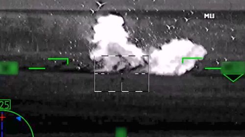 In this image from video, released by the Russian Defense Ministry Press Service on June 6, 2023, shows what Russia claimed was the destruction of a German-made Leopard tank. 