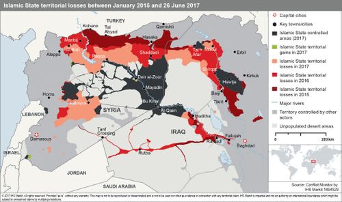 A map illustrating the loss of territory in the so-called caliphate in Iraq and Syria. Source: IHS Markit