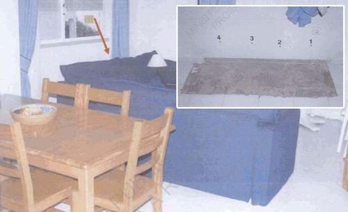 Police photographs show where floor tiles were lifted behind a blue sofa in the McCann holiday apartment and DNA samples were swabbed.