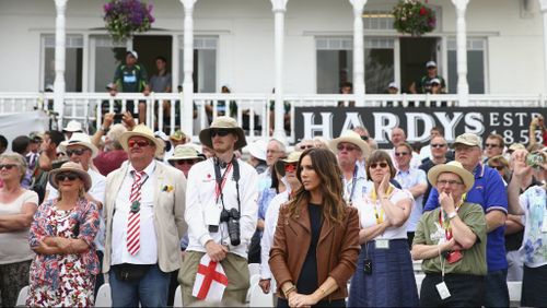 Kyly Clarke, wife of Michael Clarke of Australia, watches on as Michael Clarke of Australia announces his retirement during day three of the 4th Investec Ashes Test match between England and Australia at Trent Bridge. (Getty)
