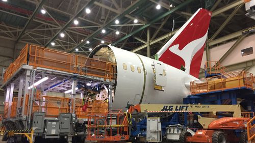 One of the new Dreamliners under construction at the Boeing factory in Seattle. (9NEWS)