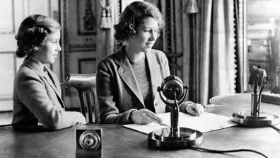 Princess Margaret (left) and Princess Elizabeth (right) during Children's Hour public broadcast from Windsor Castle on October 13, 1940