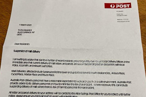 Letter from Australia Post to Alice Springs residents notifying of mail suspension.
