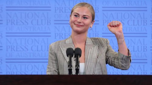 2021 Australian of the Year Grace Tame during her address to the National Press Club of Australia in Canberra on Wednesday 3 March 2021. fedpol Photo: Alex Ellinghausen