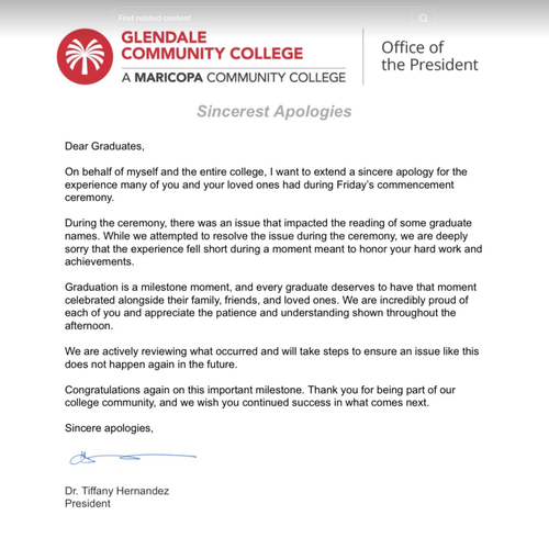Uma carta do reitor da universidade pedindo desculpas pelo incidente.