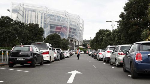 A long queue of cars at Eden Park wait for a Covid-19 test in Auckland, New Zealand.