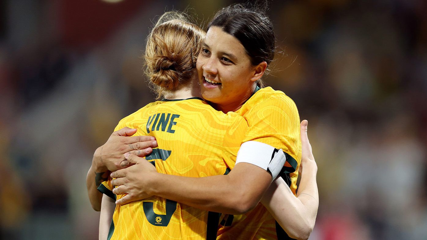PERTH, AUSTRALIA - OCTOBER 26: Samantha Kerr of the Matildas celebrates with team mates after scoring a goal during the AFC Women&#x27;s Asian Olympic Qualifier match between Australia Matildas and IR Iran at HBF Park on October 26, 2023 in Perth, Australia. (Photo by Will Russell/Getty Images)