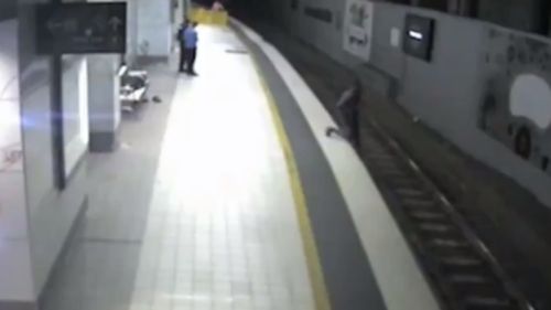 The intoxicated man could be seen stumbling onto the tracks. (9NEWS)