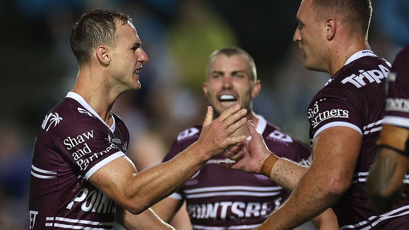 Daly Cherry-Evans of the Sea Eagles celebrates kicking a field goal 