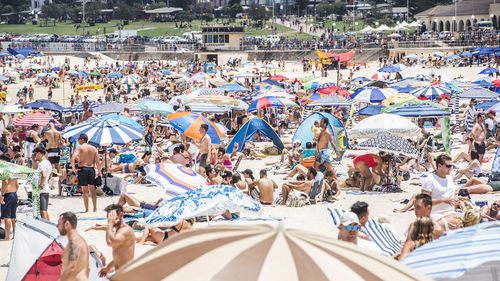 A packed Bondi Beach on Australia Day 2020.