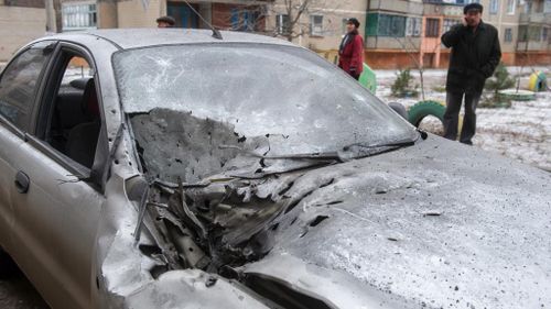 A damaged car is seen after shelling in the eastern Ukrainian city of Kramotorsk. (Getty)