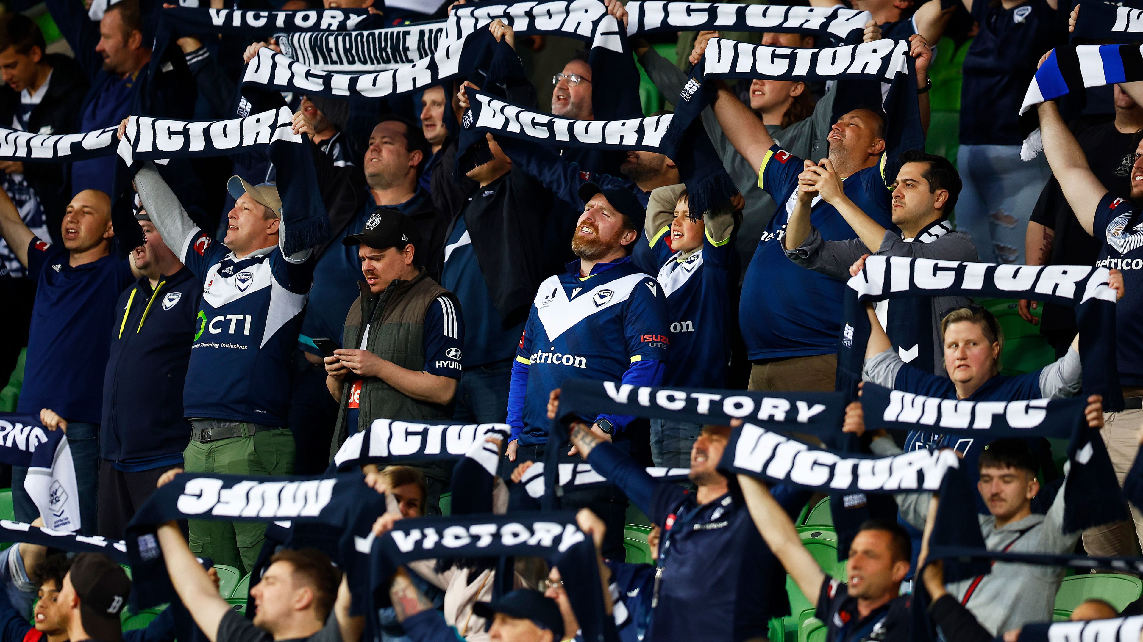 Victory fans show their support during the round two clash with Western Sydney Wanderers at AAMI Park.