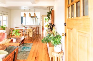 Opening the front door of a modern home to an open-plan living room, with the kitchen and hall in the distance.