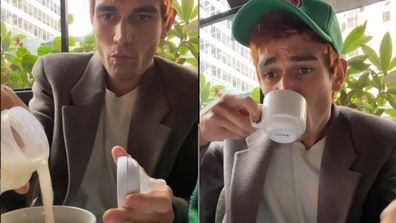 Actor KJ Apa pouring breast milk from a bottle into his coffee and drinking it