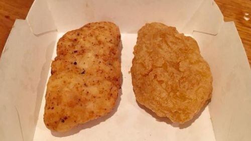 Side-by-side, Ms Francis' McNugget is almost identical to the real product from McDonald's. Picture: Facebook/Bernadette Francis.