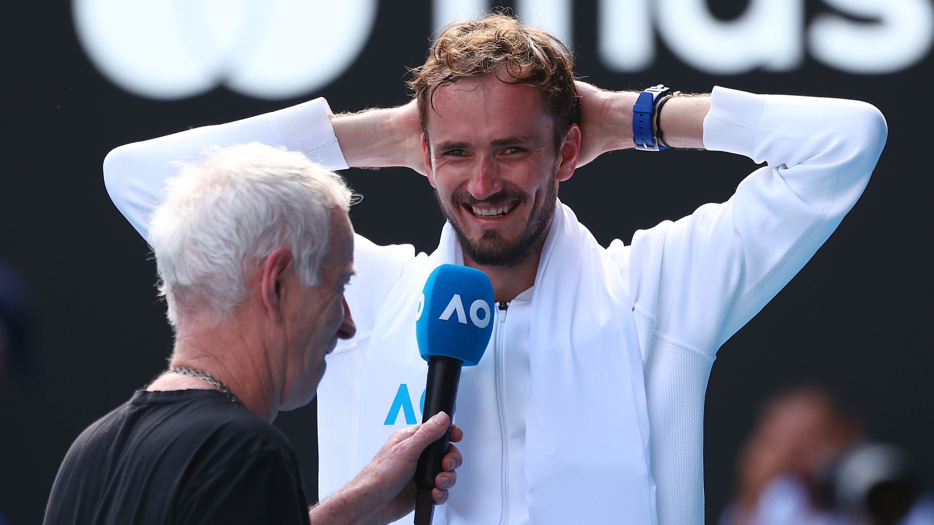 MELBOURNE, AUSTRALIA - JANUARY 24: Daniil Medvedev is interviewed after their quarterfinals singles match against Hubert Hurkacz of Poland during the 2024 Australian Open at Melbourne Park on January 24, 2024 in Melbourne, Australia. (Photo by Graham Denholm/Getty Images)