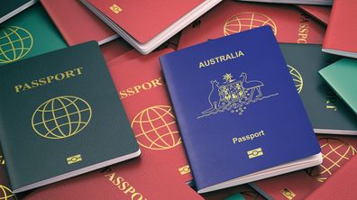 Passport of Australia on the pile of different passports. Immigration concept. Australian passport. 3d illustration