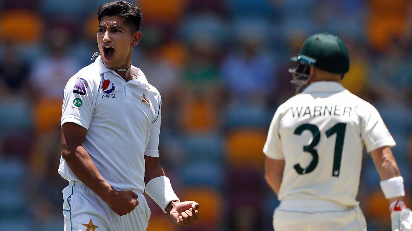 Naseem Shah of Pakistan celebrates after taking his first test wicket
