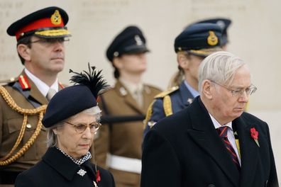 Britain's Prince Richard, Duke of Gloucester and his wife Birgitte, Duchess of Gloucester join members of the armed forces, veterans and the public during an Armistice Day service, marking the anniversary of the end of the First World War, at the Armed Forces Memorial in the National Memorial Arboretum, Alrewas, England,  Friday, Nov. 11, 2022. (Jacob King/PA via AP)