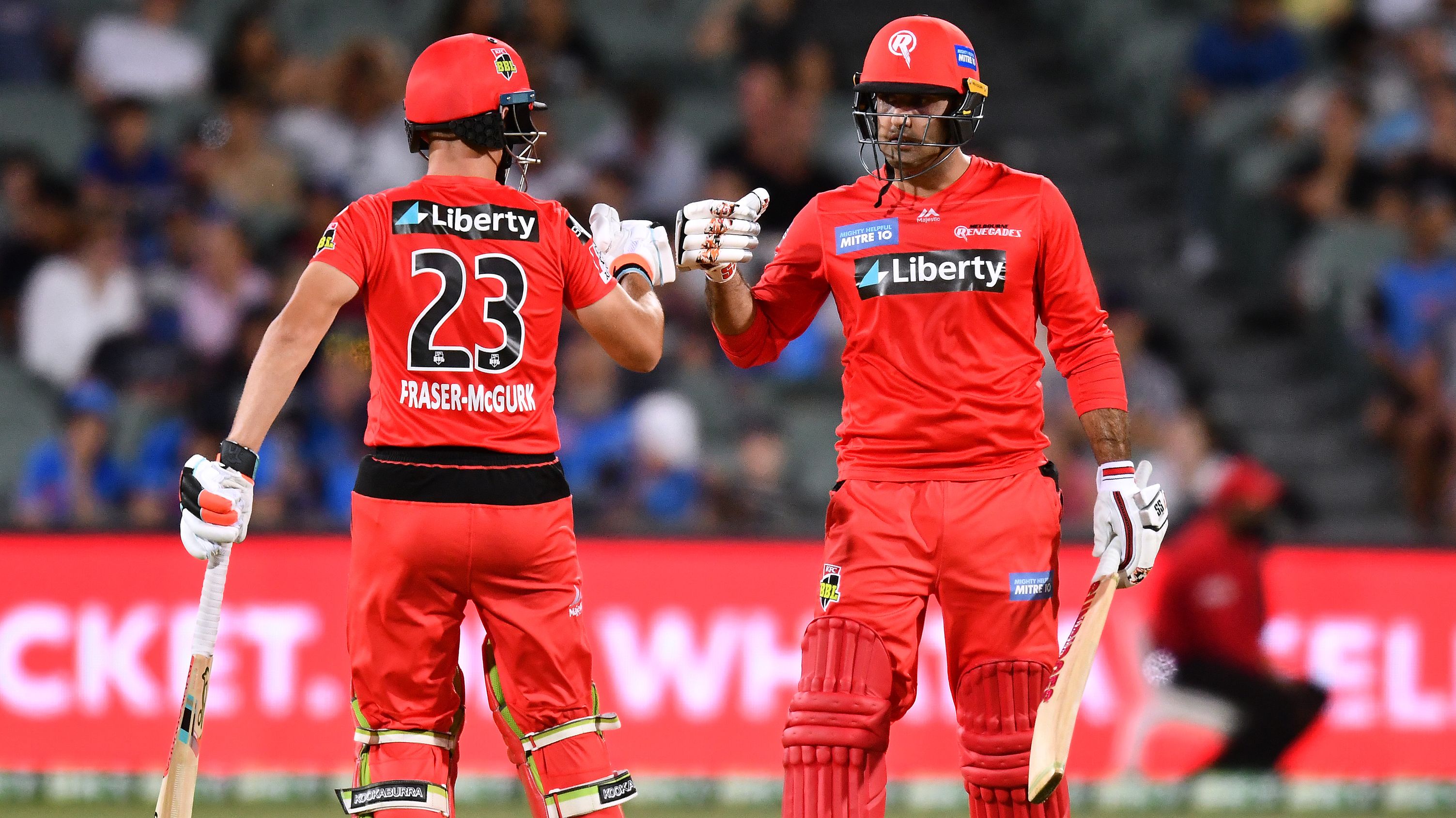 Jake Fraser-McGurk and Mohammad Nabi of the Renegades celebrate a boundary.