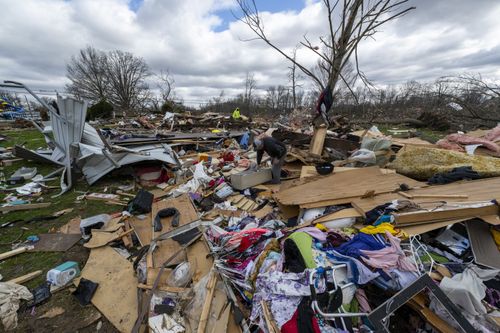 Damage from a late-night tornado is seen in Sullivan, Ind., Saturday, April 1, 2023. 