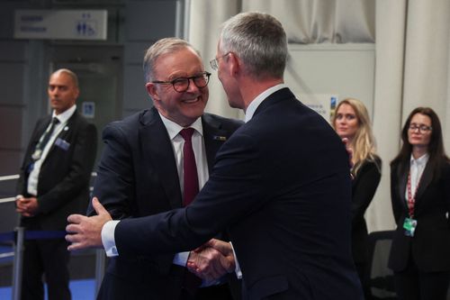 NATO Secretary-General Jens Stoltenberg meets with Australian Prime Minister Anthony Albanese during a NATO leaders summit in Vilnius, Lithuania July 11, 2023. 