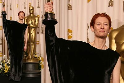 Known for her unusual clothing choices, Tilda wore a black velvet curtain to the 2008 Academy Awards.