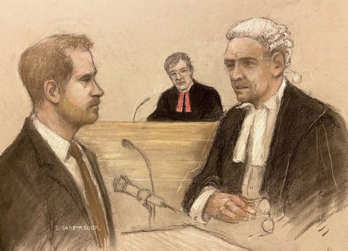 Court artist sketch by Elizabeth Cook Britain's Prince Harry being cross examined by Andrew Green KC, as he gives evidence at the Rolls Buildings in central London, Tuesday, June 6, 2023 during the phone hacking trial against Mirror Group Newspapers