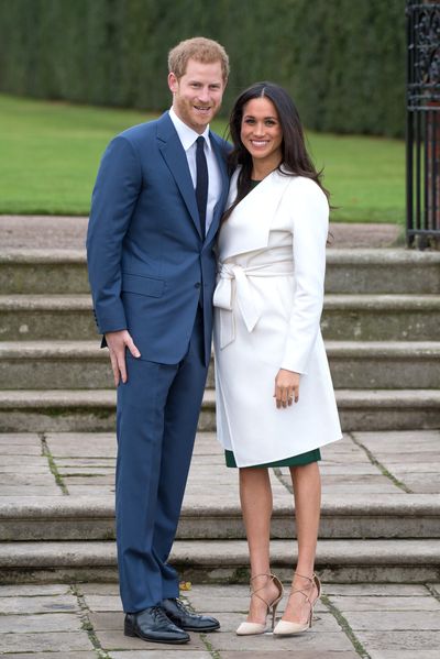 Meghan Markle in a Mackage coat and Aquazzura heels at her engagement photocall to Prince Harry, November 2017