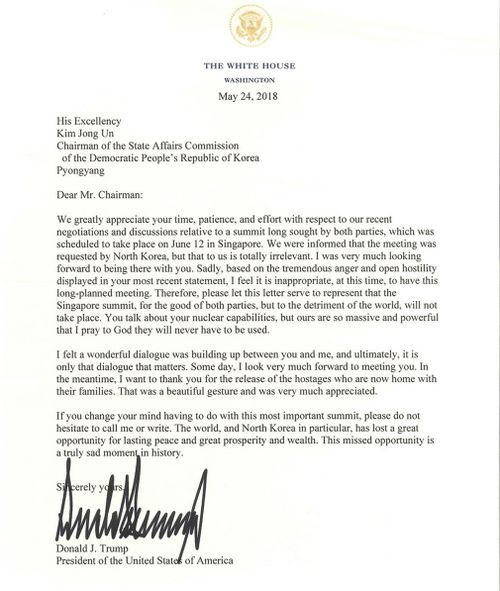 Mr Trump sent this letter to Kim Jong Un last week. (Supplied)