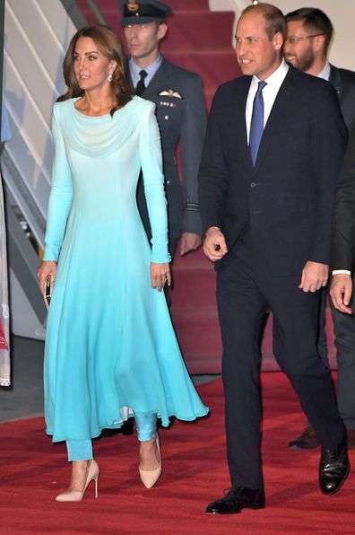 Prince William, Duke of Cambridge and Kate Middleton, Duchess of Cambridge arrive at Pakistani Air Force Base Nur Khan on October 14, 2019 in Rawalpindi, Pakistan. 