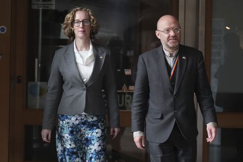 Scottish Green party co-leaders Lorna Slater and Patrick Harvie at Holyrood, in Edinburgh, after First Minister Humza Yousaf called an emergency meeting of the Scottish cabinet, in Edinburgh, Scotland, April 25, 2024. 